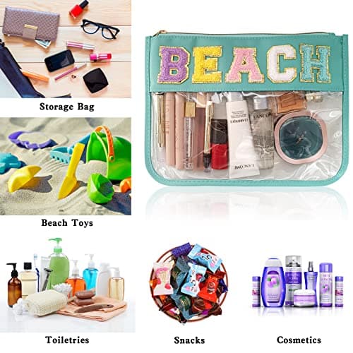 Chenille Letter Clear Zipper Flat Pouch Transparent Waterproof Stuff Cosmetic Bags Travel Makeup Bag with Zipper Toiletry Bag with Preppy Patch for Women & Children, Travel, Gym, Beach — view 6
