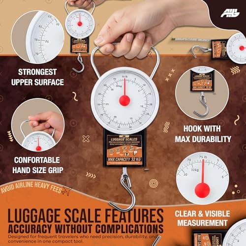 AHG Pack of 2 Portable Luggage Scales 32kg/75lb – Compact Handheld Travel Weighing Scales with Built-In Tape Measure – Lightweight Suitcase Weight Checker for Flights, Travel Bags & Parcels — view 6