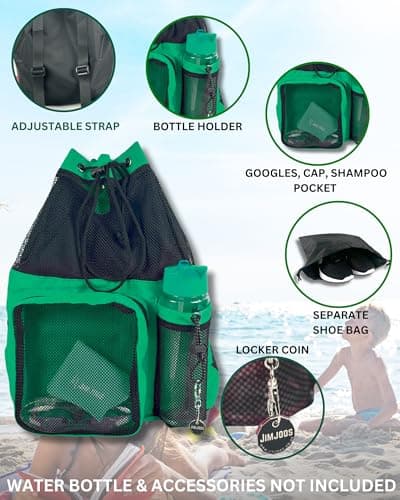 JIMJOOS Drawstring Mesh Swimming Bag - 25L Waterproof Swim Bag with Wet/Dry Compartment, Multifunctional Sports Backpack for Kids, Adults, Swimming, Surfing, Beach, Gym (Green) — view 4