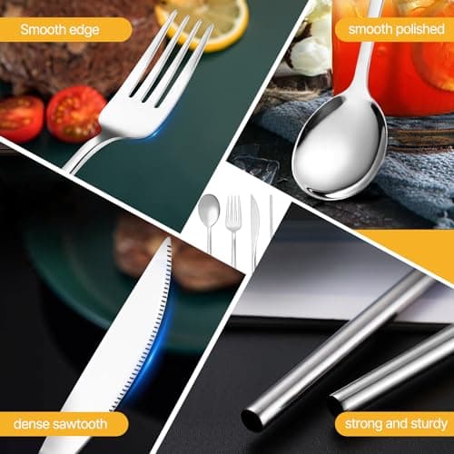SUOXU Cutlery Set with Case,Stainless Steel Flatware Set 4-Piece Set:Knife Fork Spoon Straw,Dishwasher Safe,Long Handle Suitable for Outdoor Picnic Camping Travel Office School Lunch Beige Box Cutlery — view 3
