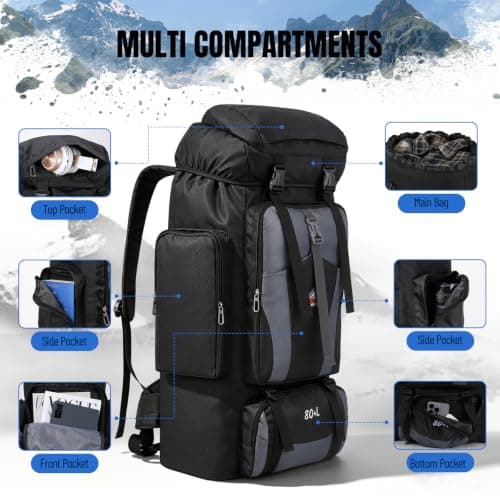 80L Hiking Camping Backpack Men Women Waterproof Large Capacity Hiking Rucksack Travel Backpack Outdoor Sport Travel Daypack Bag Molle Rucksack for Camping Hunting Travelling Trekking Climbing — view 3