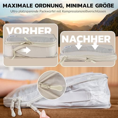 BACK&PACKER® Packing Cubes with Compression 4-Piece - Packing Bag Set Made of Recycled Material - Lightweight Organiser for Backpack & Suitcase - Includes Packing Cube for Wet Laundry & Bag (Beige) — view 2
