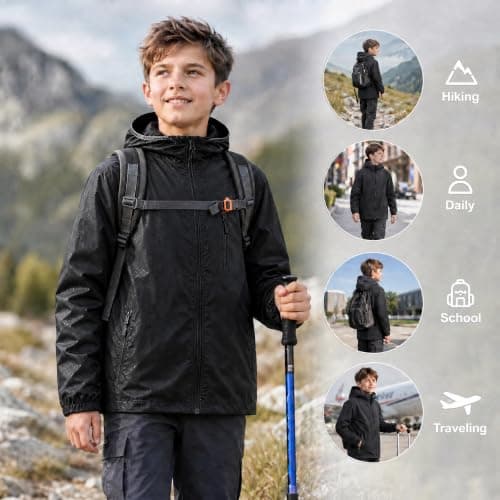 Pleyihe Kids Waterproof Jacket Boys Girls Lightweight Packable Rain Jacket Sun Protection Outdoor Raincoat for Hiking School Cycling Running (UK, Age, 13 Years, 14 Years, Regular, Black) — view 6
