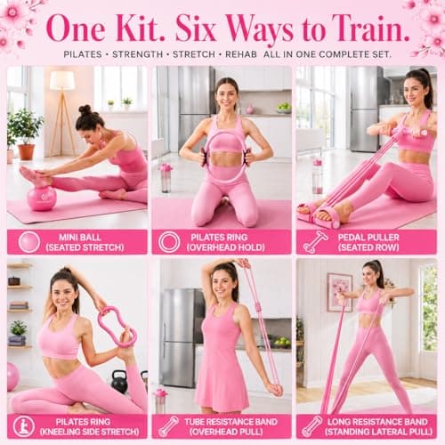 Pilates Equipment Set for Home Workout – 16PCS Fitness Kit with 13'' Pilates Ring, 10'' Exercise Ball & Resistance Bands – Complete Workout Accessories for Women & Beginners,Home Gym Training (Pink) — view 6