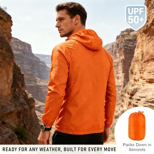 ADUDVLO Men's Lightweight Waterproof Jacket with Pockets, Packable Hooded Windproof Rain Jacket for Travel, Running & Hiking – Includes Carry Pouch (UK, Alpha, XS, Regular, Regular, Orange) — view 6