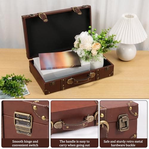 Vintage Suitcase Wood Vintage Suitcase Storage Box, Leather Trunk Luggage Decorative Retro Photography Prop Luggage, Storage Chest with Lock for Placing Clothes Toys Photo Jewelry - 40×24.5×10cm — view 3