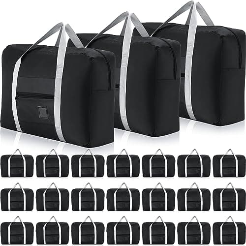 Sweetude 24 Pcs Travel Duffel Bags Bulk Foldable Luggage Bag Women Men Waterproof Carry Tote with Trolley Sleeve for Gym, Overnight, Airlines, Black