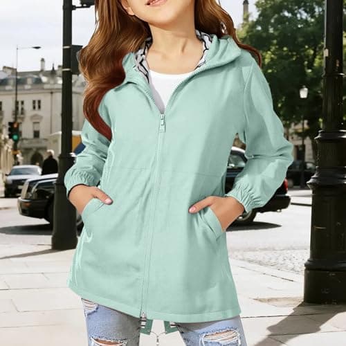 YCBMINGCAN Girls Raincoat Kids Waterproof Jacket | Long Lightweight Windbreaker Parka with Hood | Teen Zip Up School Rain Coat with Pockets Casual Autumn Outerwear for Youth 5-16 — view 3