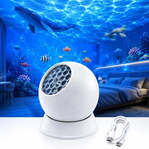 runpeak Ocean Projector Light Dynamic Rotating LED Projector Light, Ocean Wave Projector, 360° Rechargeable USB Ocean Wave Night Light for Bedroom Living Room, Energy Class D