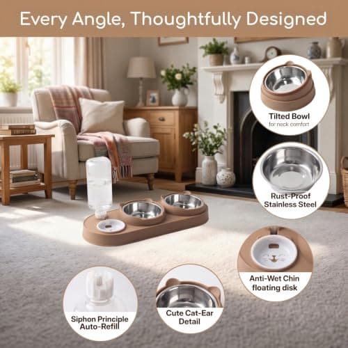 3-in-1 Cat Food and Water Bowl Set, Stainless Steel, Stand Tilted — view 3