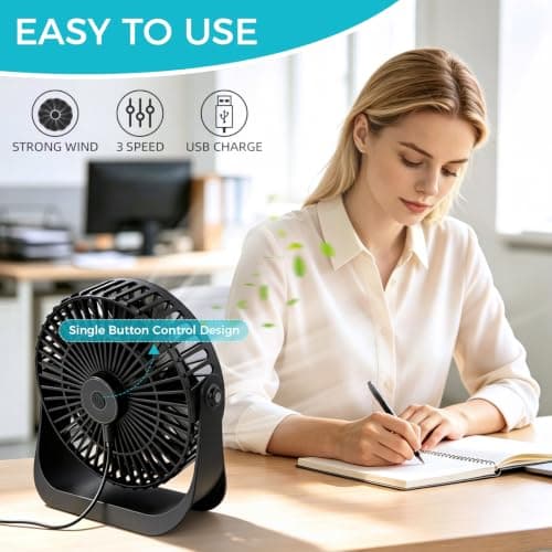 CNMTCCO Desk Cooling Fan, 7inch USB Powered Fan for Bedroom, 3 Speeds Quiet Portable Table Fan, 360° Rotatable Personal Mini Desk Accessories for Home Office Travel — view 4