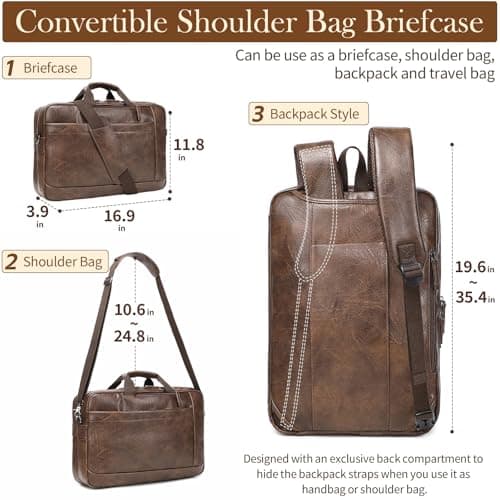 Stuery Faux Leather Messenger Bag for Men: 17.3 Inch Laptop Bag Briefcasen Convertible Backpack 3 in 1 Computer Handbags Work Bag Shoulder Crossbody Bags Office, Coffee — view 3