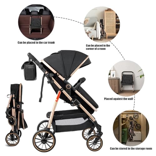 Veitoalioy 3 in 1 Baby Stroller Travel System, Foldable Pushchair, Baby Stroller 3 in 1 with Reversible Two Pushing Modes, Multifunctional High Landscape Buggy (V8 Black) — view 4