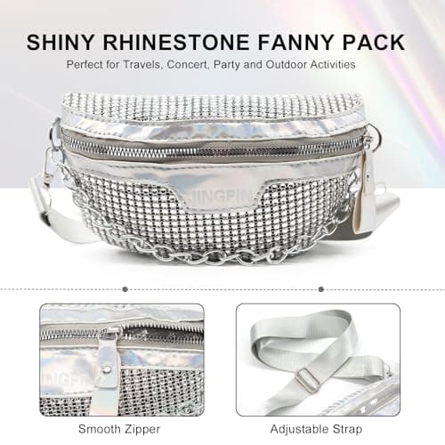 Long Keeper Sparkly Bum Bag Fanny Pack for Women Teen Girls Rhinestones Waist Bag Party Holographic Bumbags Ladies Shiny Bling Bag Cross Body Chest Bag (White) — view 3