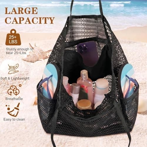 YLQQYL Beach Bag for Women, 4 Pack Large Nylon Mesh Tote with Inner Zipper Pocket, Foldable Sandproof Shoulder Handbag for Swimming Pool Travel (4, 2 Black+2 Beige) — view 6
