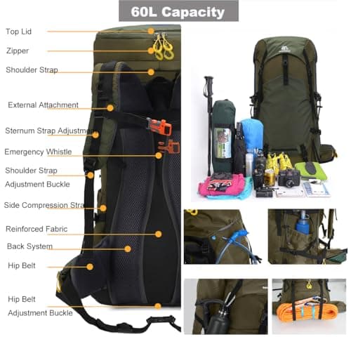 Hnayett 60L Hiking Backpack Waterproof Rucksack Large Camping Bag with Rain Cover for Men Women Lightweight Back Pack for Trekking Walking Cycling Climbing Travelling Outdoor Sports — view 4