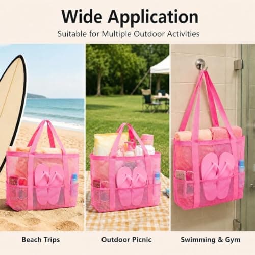 Jenck Large Mesh Beach Tote Bag, Oversized Swim Bag with Multiple Pockets, Portable Quick Dry Sandproof Pool Tote for Travel Gym Vacation, Rose — view 5