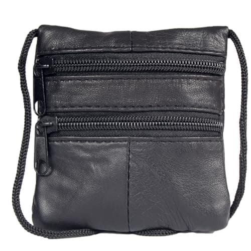Soft Nappa Twin Zip Neck Purse Compact Leather Travel Security Pouch with Adjustable Cord