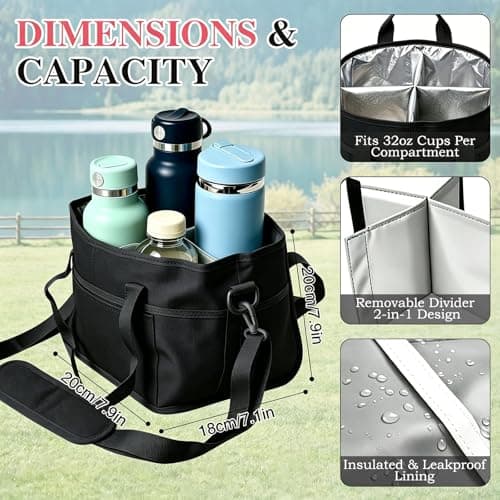 Family Size 4 Compartment Insulated Drink Storage Bag, Multi-Cup Water Bottle Bag Carrier Caddy with Adjustable Shoulder Strap | Hands Free, Reusable for Travel, Picnic, Family Outings (Black) — view 2