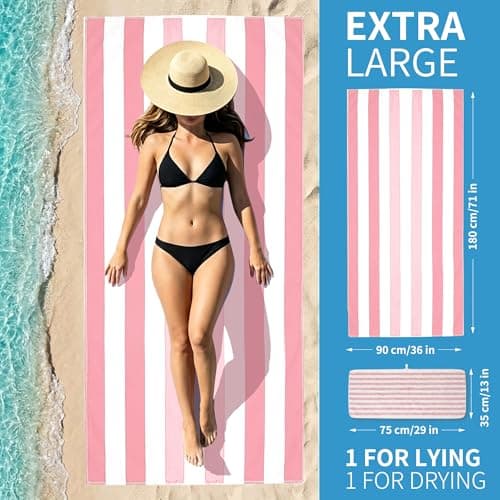 HEYDIUDIU Oversized 35x70 Inch Striped Beach Blanket Set, Quick Dry Sand-Free Microfiber Beach Mat with Matching Towel, Lightweight and Sand Free Mat for Beach and Camping Outdoor Use (Pink) — view 2
