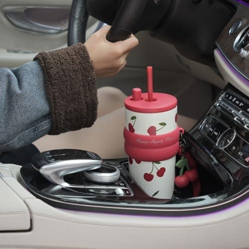 Sidagar 24 oz Insulated Tumbler witn Lid and Straw, Stainless Steel Reusable Leak Proof Water Bottle, Travel Portable Coffee Mug for Hot and Cold, Thermal Cup for Women, Cherry — view 5