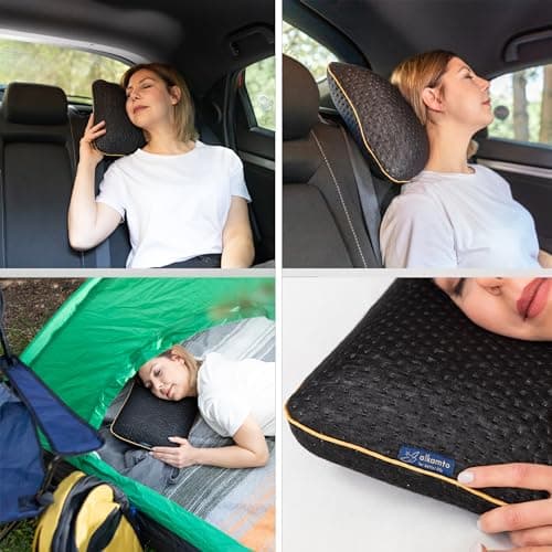 alkamto Travel Pillow - Ergonomic Neck Support Camping Memory Foam Pillow with Temperature-Regulating Pillowcase - Included Waterproof Travel Carry Bag — view 2
