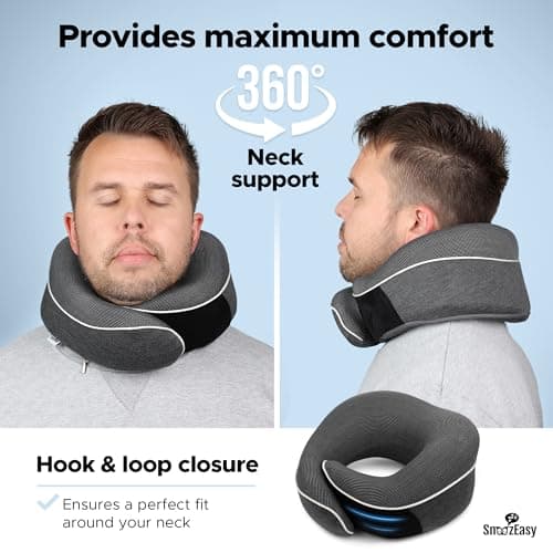 SnoozEasy™ Travel Pillow for Adults | Memory Foam 360 Degree Neck Support with Removable Pillow Case | Includes Travel Bag, Eye Mask and Ear Plugs | Dark Grey | UK Brand — view 4