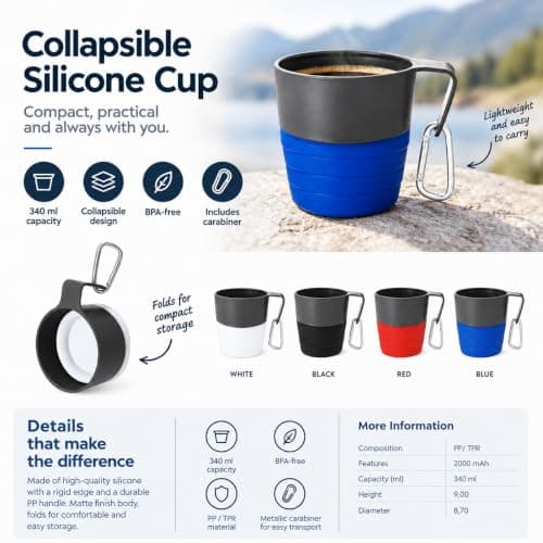 Personalised 340ml Collapsible Silicone Cup with Carabiner - Custom Printed Foldable Travel Mug with Handle for Camping, Hiking & Outdoor Use — view 4