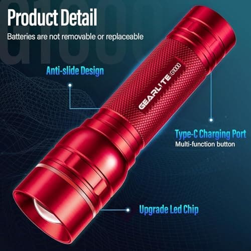 GEARLITE Rechargeable LED Torch, 2000LM Torches LED Super Bright with 3 Modes, Portable Small Torch with Battery, Waterproof Flashlight Zoomable for Power Cut, Emergency, Camping, Hiking, Outdoor-Red — view 4