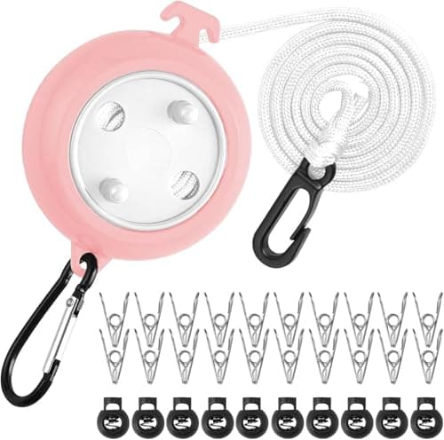 ZIOYANE 10m Retractable Washing Line, Durable Portable Clothesline for Camping Travel Washing Line Adjustable Drying Rope with 20 Clips and 10 Hooks for Indoor/Outdoor Use in The Garden or Bathro