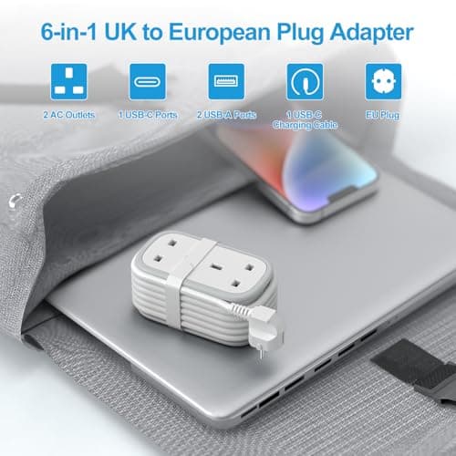 UK to European Plug Adapter with 1.5M Extension Cable, BEVA 2 Way 3 USB (2A+1C) Travel Adapter with Retractable USB C Cable for Germany France Spain Turkey Greece Iceland etc (Type E/F) — view 2