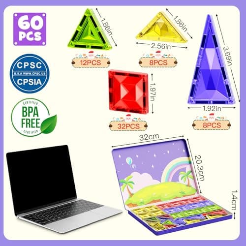 Magnetic Tiles STEM Toy for Kids: 60pcs 5cm Travel Building Kit & Tin Base — view 4