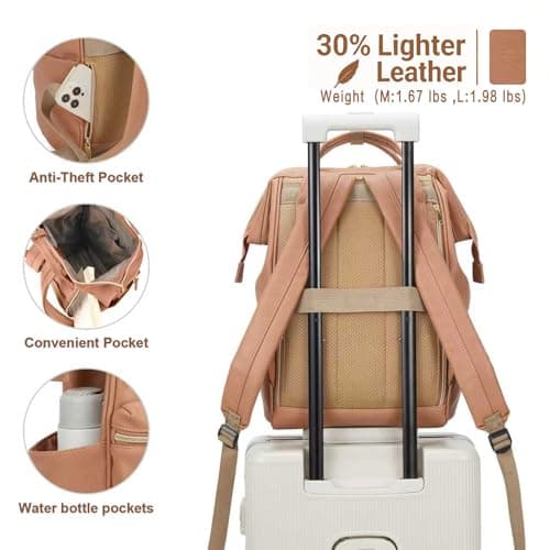 Kah&Kee Leather Laptop Backpack for Women, 14-15 Inch Professional Work Bag, Water-Resistant Vegan Leather Doctor Bag Backpack for Teacher, Nurse & Travel, Fits MacBook Pro 15 (Tan Pink,Medium) — view 2