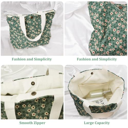 Aucuu Floral Canvas Cosmetic Bags, 2 Pcs Rose Flower Printing Corduroy Toiletry Bag, Multifunctional Travel Makeup Bag With Metal Zipper for Women Girls Gift - Green Flower — view 3