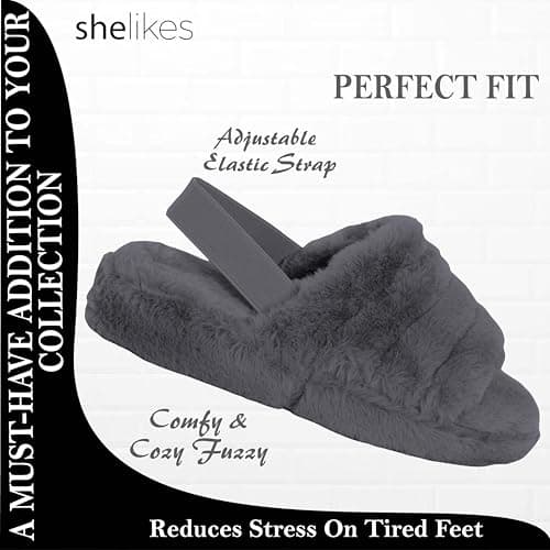 shelikes Womens Sliders Ladies Fluffy Faux Fur Peep Toe Warm Winter Slipper — view 4