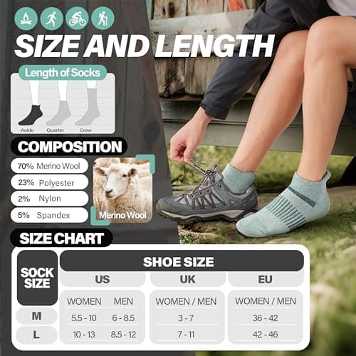 MOSEY KOSY 6 Pairs Merino Wool Women Men Unisex Ankle Running Walking Hiking Work Thermal Winter Warm Socks Compression Support Breathable Thick Cushion Socks(Mixed Light Color,3-7) — view 5