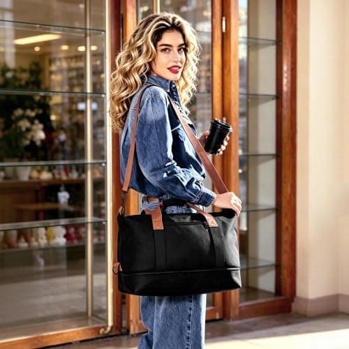 Travel Duffel Bag, Foldable Waterproof Overnight Holdall Bag, Carry On Luggage Weekend Bag with Wet and Dry Separation, Hospital Sports Gym Tote for Women and Men (Black) — view 5