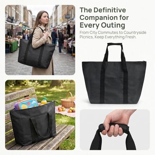 JIESHEPR Cool Bag 20L Large Insulated Picnic Bag, Foldable Leakproof Cooler Box for Camping, Beach & Travel, Thermal Food Delivery Storage for Hot & Frozen Goods, Reusable Lunch Tote (Black) — view 4