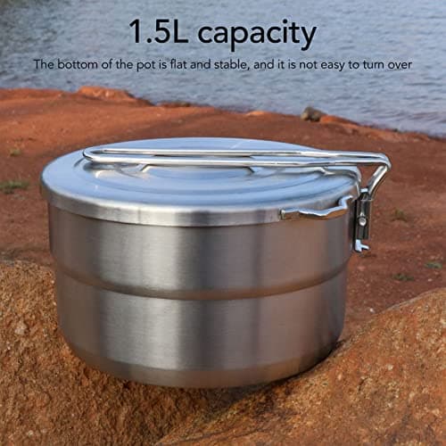 1.5L Camping Pot with Lid, Stainless Steel Folding Handle Lightweight Cooking Pot for Outdoor Camping, Hiking, Picnic, Barbecue, Portable Cookware with Tick Marks — view 5