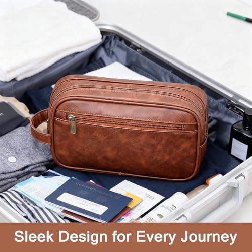 Leather Toiletry Bag Mens Wash Bag with 3 Compartments - Travel Toiletry Bag for Gym & Shaving, Small Washbag for Men, Perfect Travel Gifts for Men — view 5
