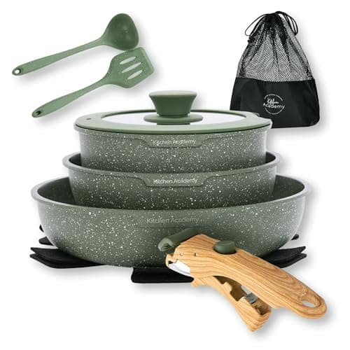 Kitchen Academy 10 Pcs Campervan Pots and Pans Set, Removable Handle, Green
