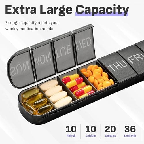 Black Weekly Pill Box Organiser with Upgraded Open Design | Premium Quality 7 Day Travel Tablet Box | Portable Pill Case for Medications, Vitamins, and Supplements — view 2