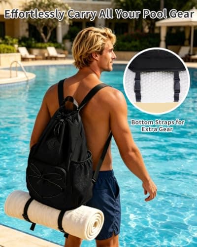 WANDF Drawstring Gym Bag Swim Bag with Removable Wet Pocket, Sandproof Beach Backpack with Compression Strap for Mat for Pool, Travel, Workout Gear (Black) — view 3