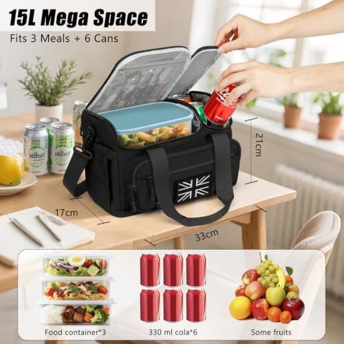 Insulated Lunch Bag for Men, 15L Cool Bag with Hot/Cold Compartment — view 5