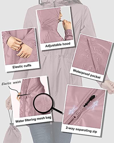 33,000ft Women's Rain Jacket Lightweight Hooded Long Rain Coat Waterproof Jacket Ladies Packable Functional Jacket Windbreaker Breathable Active Outdoor Coats Pink XL/16 — view 6