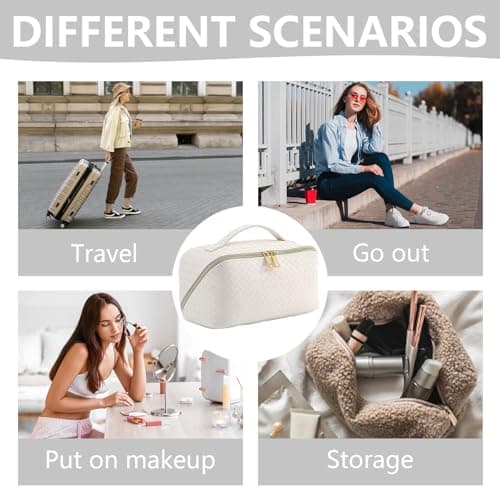 HUANYO Large Capacity Makeup Bag for Women, PU Leather Waterproof Travel Cosmetic Organizer with Handle & Divider, Portable Flat Lay Toiletry Bag (White) — view 4