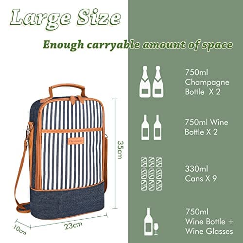 Kato Tirrinia Insulated 2 Bottle Wine Cooler Bag - Wine Cooler Tote Carrier for Picnic, Beach, Wine Lover Gift, Denim Stripe — view 6