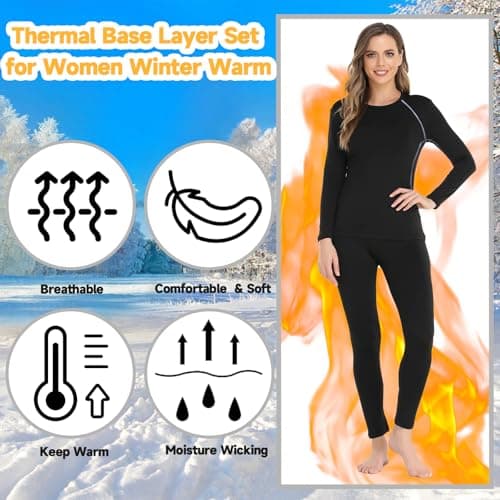 Women Thermal Base Layer Set, Quick Dry Velvet Lined Compression Long Sleeve Tops and Leggings for Ladies Girls Winter Warm, Soft Athletic Stretch Underwear for Biking Ski Running Gym Sport Black — view 4