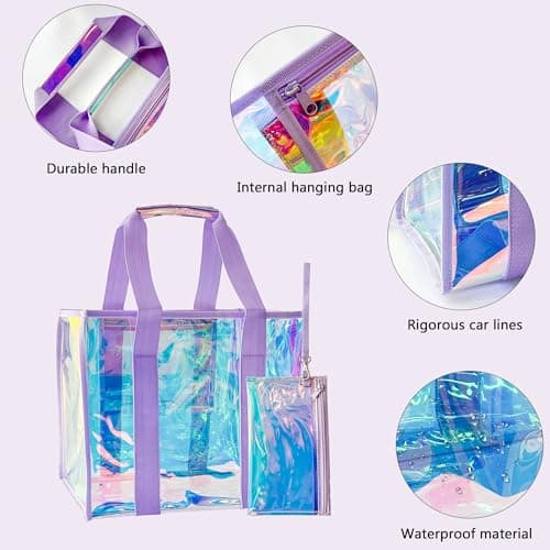 TotePrint Holographic PVC Tote Bag 35x30x17cm, Waterproof Transparent Beach Bag with Zipper & Handle, Large Travel Storage Bag for Summer, Swimming Pool, Shopping (Purple) — view 4