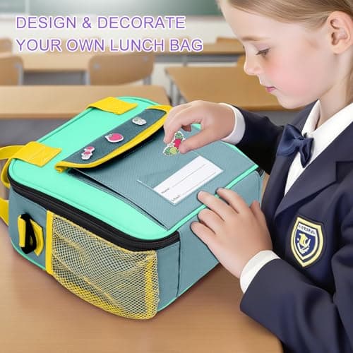 Kuosdaz Lunch Box for Kids, Large Double-Insulated Lunch Bag for Boys, Cooler Bag Back to School Thermal Reusable, Cute Preppy Students Lunch Tote Pail with Water Bottle Holder, Blue & Green — view 6